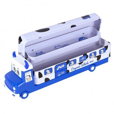 Пенал металлический 2 отделения автобус Alingar, таблица умнож, линейка 15 см, 5 ч/г карандашей, 2 точилки 50 х 190 мм, "Milk bus", синий фото 3