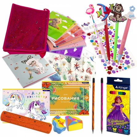 Набор канцелярии для девочки Alingar, "Pink", 35 предметов, папка с пайетками на молнии, т/у пленка фото 1