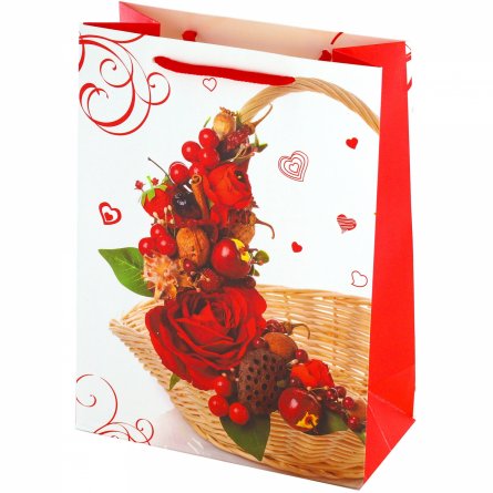 Пакет подарочный бумажный Alingar, (XL) 31х40х12 см, "Цветочно-ягодный букет", ламинация, (4 дизайна в коробе) фото 1