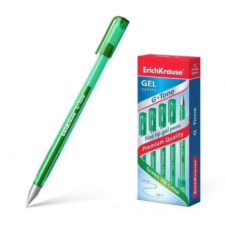 Ручка гелевая Erich Krause "G-Tone", 0,5 мм, зеленый, метал. наконеч.,грип, полупрозрачный круглый корпус, картонная упаковка, 12шт фото 1