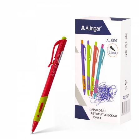 Ручка шариковая автоматическая Alingar, 0,7 мм, синяя, игольчатый наконечник, резин. грип, круглый цветной пластик. корпус, 24 шт/уп, карт. уп, европ. фото 1
