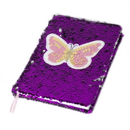 Подарочный блокнот А5, 7БЦ, Alingar, пайетки, аппликация, линия, 60 л., "Бабочка", фиолетовый фото 5