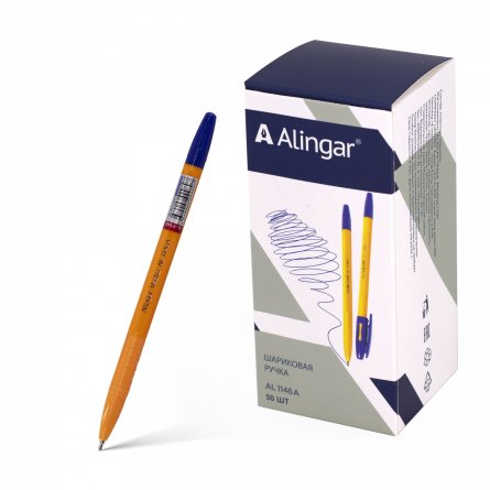 Ручка шариковая Alingar на масляной основе "Vectro-А", 1 мм, синяя, игольч. наконечник, грип, шестигран. оранж. пластик. корпус, 50 шт/уп, карт. уп. фото 1