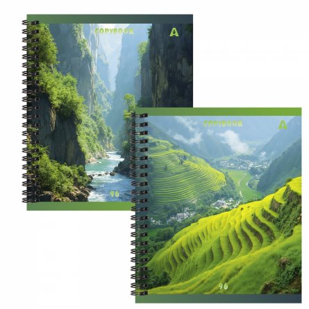 Тетрадь 96л., А5, клетка, Alingar, гребень, блок офсет, мелованный картон, "Пейзажи", 2 дизайна в пленке т/у фото 1