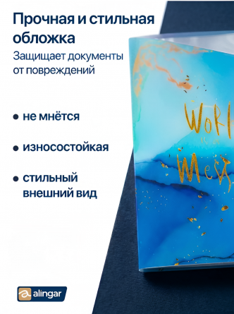 Папка с 60 вкладышами А4, Alingar, "World", голубой, 310х235 мм, 400 мкм, пластик, мраморный дизайн с надписью фото 5