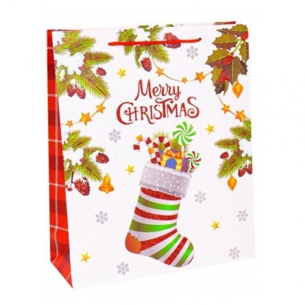 Пакет подарочный бумажный Миленд 26х32х10 см (L), "Новогодний носок с подарками", матовая ламинация фото 1