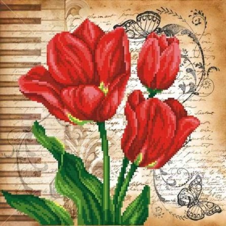 Набор для вышивания на габардине, М. П Студия, 40*40/28*28 см, бисер 10 цветов (приобретается отдельно), инструкция, "Тюльпаны" фото 1