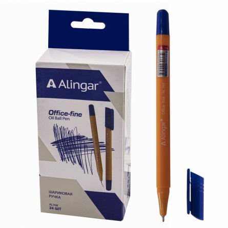 Ручка шариковая Alingar "Offis-fine", 0,5 мм, синяя, игольчатый наконечник, трехгранный, оранжевый, пластиковый корпус, картонная упаковка фото 1