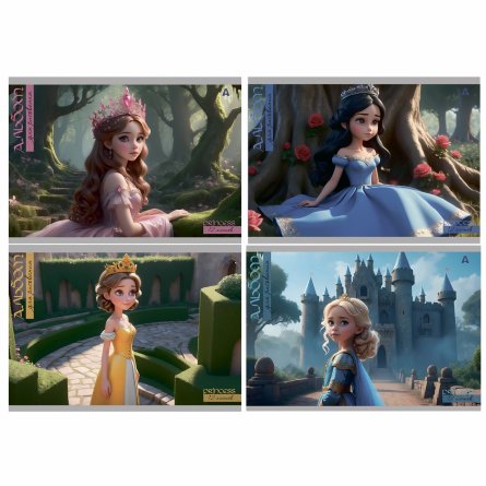 Альбом для рисования А4 12л., Alingar, на скрепке, мелованный картон (стандарт), 100 г/м2, "Принцесса у замка", 4 дизайна в пленке т/у фото 1