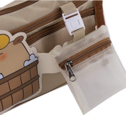 Пенал - косметичка Alingar, ткань, молния, 2 боковых кармана, мини-кошелек, 195 х 90 х 50 мм, "CAPYBARA", бежевый, европодвес фото 2