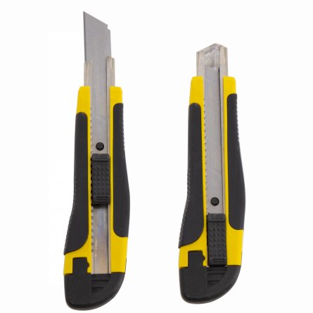 Нож канцелярский Alingar, 18 мм, auto-lock фиксация лезвия, желтый, металл. направляющие, прорезин. вставки, пластик корпус, пакет с европодвесом фото 1