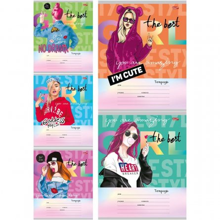 Тетрадь 24л., клетка, Проф-Пресс, скрепка, блок офсет,  мелованный картон,"Дерзкие девчонки", 5 дизайнов в спайке фото 1