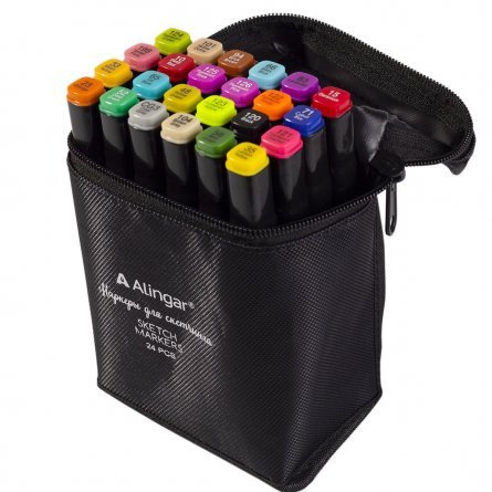 Набор двухсторонних скетчмаркеров Alingar, 24 цвета, основные, пулевидный/клиновидный 1-6 мм, спиртовая основа, сумка-чехол с ПВХ каркас-ячейками фото 2