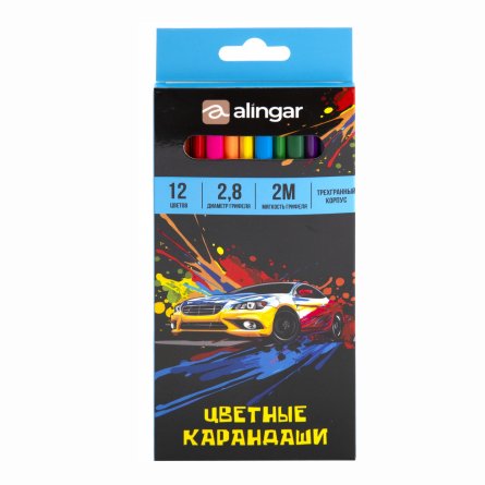 Карандаши цветные Alingar 12 цв., "Машины", деревянные, трехгранные, заточенные, грифель 2.8 мм, картон. уп., европодвес фото 2
