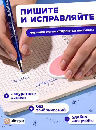 Набор гелевых ручек пиши-стирай Alingar, 4 шт + стержни 120 шт + 2 ластика, 0,5 мм, синяя, игол. наконечник. круг. цв. пласт. корпус, карт. уп. фото 6