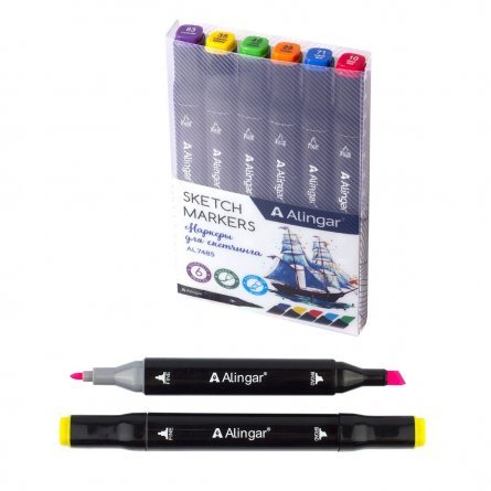 Набор двухсторонних скетчмаркеров Alingar, 6 цветов, основные цвета, пулевидный/клиновидный 1-6 мм, спиртовая основа, ПВХ упаковка фото 1