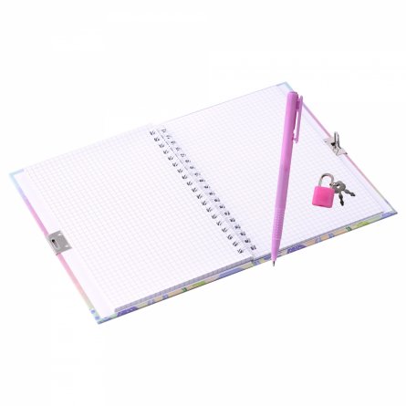 Подарочный блокнот в футляре 19,5 см * 23,0  см , гребень, Alingar, ламинация, замочек, ручка, 45 л., клетка, "Милая киска", розовый фото 3