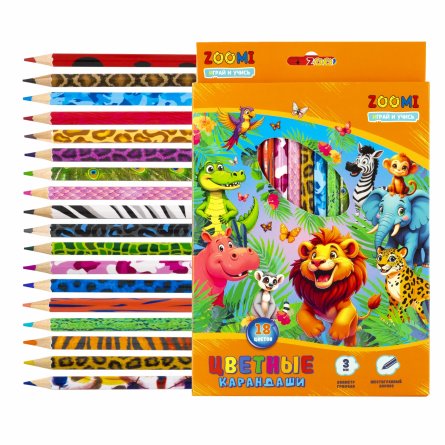 Карандаши цветные Zoomi 18 цв., "ZOO. Джунгли" деревянные, шестигранные, заточенные, дизайн на корпусе, грифель 3.0 мм, картон. уп., европодвес фото 1