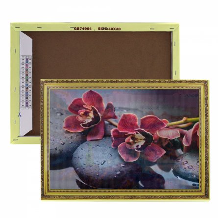 Алмазная мозаика Alingar, на подрамнике, с полным заполнением, (матов.) дизайн рамка, 40х50 см, 19 цветов, "Орхидеи на камнях" фото 4