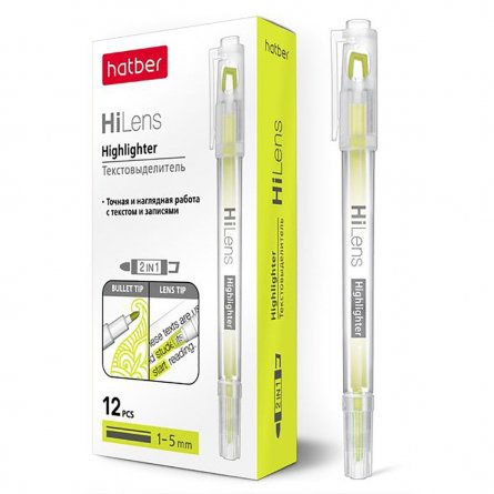 Текстовыделитель, желтый, HATBER, двусторонний 12 штук, 1-5 мм, картонная упаковка фото 1
