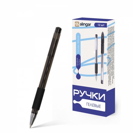 Ручка гелевая Alingar, "SOFT GEL", 0,6 мм, черная, пулевидный наконечник, резиновый грип, круглый прозрач.пластик. корпус, 12 шт/уп, карт. уп фото 1