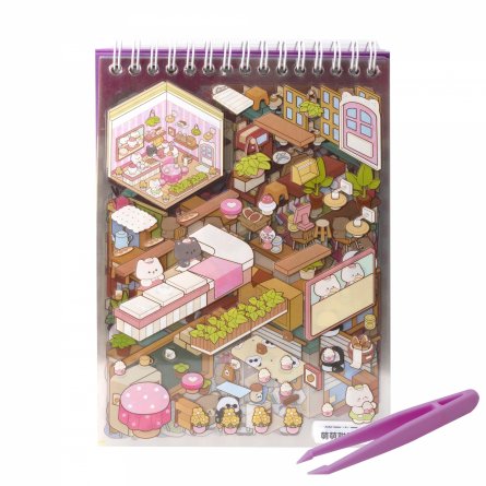 Наклейки для творчества - антистресс блокнот, 140*195 мм, "Медвежата", фиолет., MINI, 3D стикеры, 20 комнат, в комплекте пинцет, пакет с европодвесом фото 9