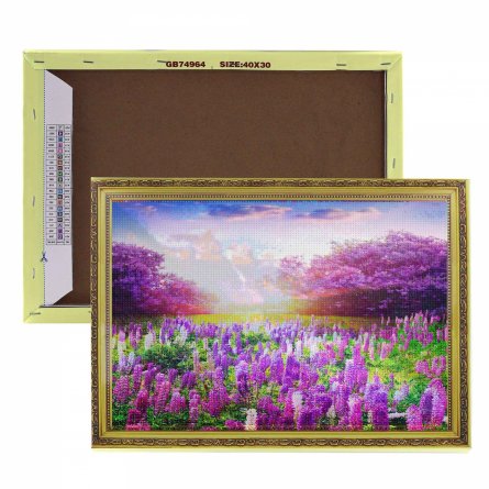 Алмазная мозаика Alingar, на подрамнике, с полным заполнением, (матов.) дизайн рамка, 30х40 см, 20 цветов, "Сиреневый пейзаж" фото 4