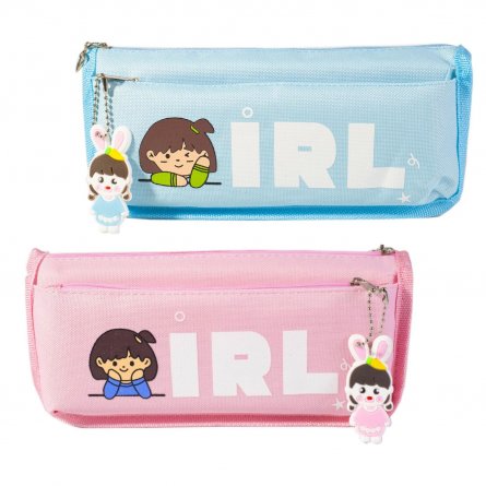 Пенал - косметичка Alingar, ткань, молния, боковой карман, брелок, 95 х 200 х 60 мм, "Girl", ассорти (розовый и голубой), рисунок девочка фото 1