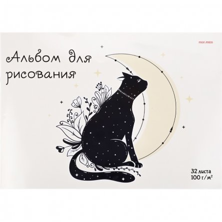 Альбом для рисования А4 32л., Проф-Пресс, скрепка, мелованная обложка, блок офсет, 100г/м2, "Чёрный кот и луна" фото 1