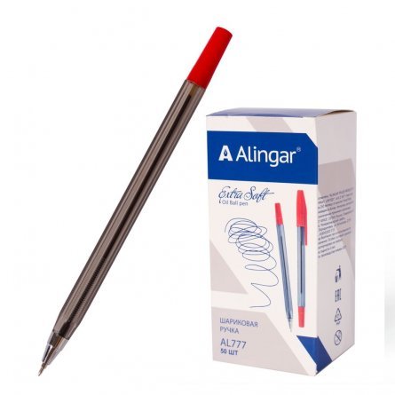 Ручка шариковая Alingar "Extra Soft", 0,7 мм, красная, игольчатый, металлизированный наконечник, грип, шестигранный, прозрачный, пластиковый корпус фото 1
