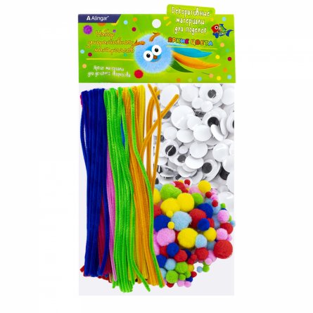 Набор для творчества Alingar, Проволока пушистая-30 см 100 шт, Помпоны (микс) -130 шт, Глазки (микс) -200 шт, "Цветной микс", пакет с европод. фото 1