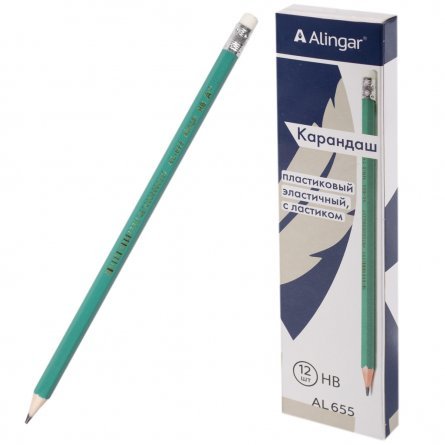 Набор ч/г карандашей, Alingar HB, пластиковый, эластичный, с ластиком, шестигранный, заточенный, цвет корпуса зеленый, в упак. 12 шт. фото 1