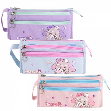 Пенал - косметичка Alingar, ткань, молния, 2 отделения, 2 боковых кармана, липучка, петля, 200 х 90 х 45 мм, "Happy Day", микс (розов, голуб, сиренев) фото 1