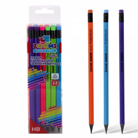 Набор ч/г карандашей Zoomi НB, пластик, с ластиком, трехгранный, заточенный, цветной корпус микс, 12 шт/уп, европодвес фото 1