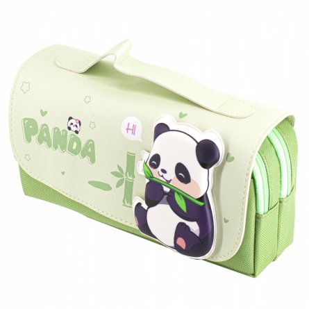 Пенал - косметичка Alingar, ПВХ/ткань, молния, 2 отделения, боковой карман, липучка, ручка, 190 х 80 х 50 мм, "PANDA", зеленый, европодвес фото 2