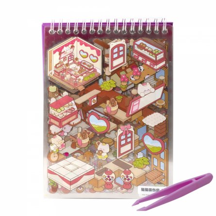 Наклейки для творчества - антистресс блокнот, 140*195 мм, "Медвежата", фиолет., MINI, 3D стикеры, 20 комнат, в комплекте пинцет, пакет с европодвесом фото 8