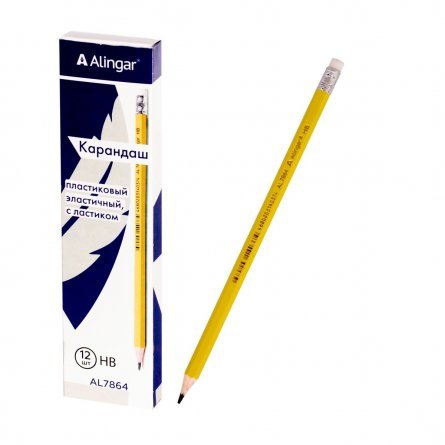 Набор ч/г карандашей, Alingar HB, пластиковый, эластичный, с ластиком, шестигранный, заточенный, цвет корпуса св. желтый, в упак. 12 шт. фото 1