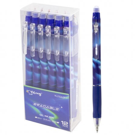 Ручка гелевая пиши-стирай, автоматическая Yalong 0,5 мм, синяя, пулевидный наконечник, резиновый грип,  цв.пласт. корпус 12 шт в пласт уп фото 1