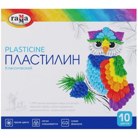 Пластилин Гамма, 10 цветов, 200 гр., со стеком, картонная упаковка, "Классический" фото 1