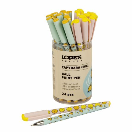 Ручка масляная LOREX "KIDS CAPYBARA CHILL Slim Soft", 0,5 мм, синяя, металлизированный  игольчатый наконечник,  круглый прорезиненый корпус, ассорти фото 1