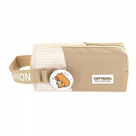 Пенал - косметичка Alingar, ткань, молния, значок, петля, 190 х 70 х 60 мм, "Capybara. Have a good idea", микс (коричн, беж, св-корич), европодвес фото 2