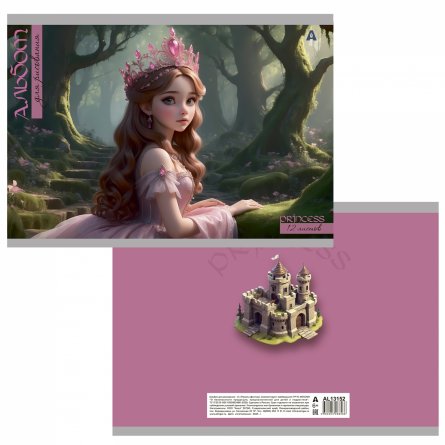 Альбом для рисования А4 12л., Alingar, на скрепке, мелованный картон (стандарт), 100 г/м2, "Принцесса у замка", 4 дизайна в пленке т/у фото 6