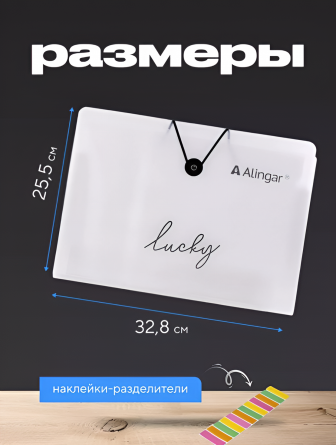 Папка на резинке A4, Alingar, "Lucky", 325х235х20 мм, 500 мкм, 12 отделений, наклейки-разделители, прозрачная, матовая текстура фото 4