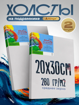 Набор холстов на подрамнике Alingar, 2 шт 20*30, 280 гр/м2 среднее зерно, хлопок, акриловая трёхкомпон. грунтовка, индивид. упаковка фото 2