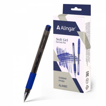 Ручка гелевая Alingar, "SOFT GEL", 0,6 мм, синяя, пулевидный наконечник, резиновый грип, круглый прозрач. пластик. корпус, 12 шт/уп, карт. уп., европ. фото 1
