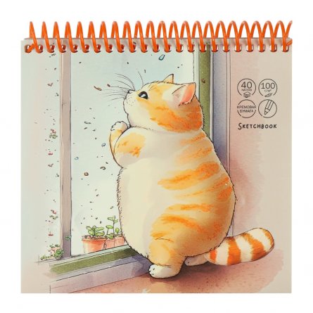 Скетчбук А6 40л., "Кот у окна", 100 г/м2, Проф-Пресс, спираль, целлюлозный картон, жёсткая подложка, белый офсет фото 1