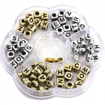 Набор для создания украшений-бусины Alingar, 80х80х12 мм, "Золото-серебро", 2 вида бусин, 1х1,1 м леска, пластик.пенал фото 1