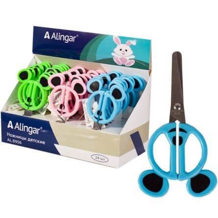 Ножницы детские Alingar, 12 см, пластиковые ручки, фигурные, закругленные концы, "Ушастики", три цвета, картонный стенд фото 1