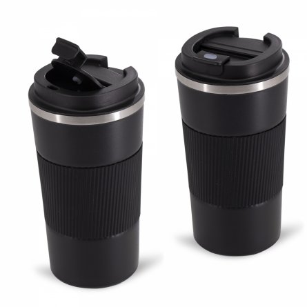 Термокружка Alingar, 500 мл, пищевой пластик, нерж. сталь 304 марки, силиконовая манжета, крышка с фиксатором, силиконовый уплотнитель, черная фото 1