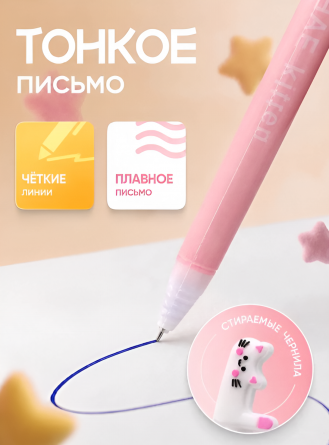 Набор гелевых ручек пиши-стирай Alingar, "LOVE kitten", 0,5 мм, синяя, игольчатый наконечник, круглый, цветной, пластик. корпус, 4 шт/уп фото 3